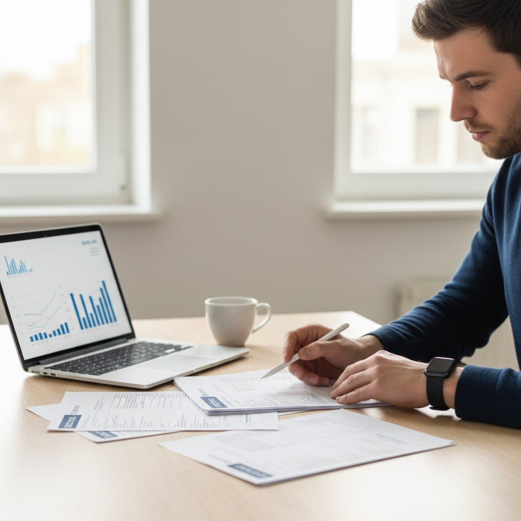 Zzp'er werkt aan zijn administratie met laptop en financiële grafieken